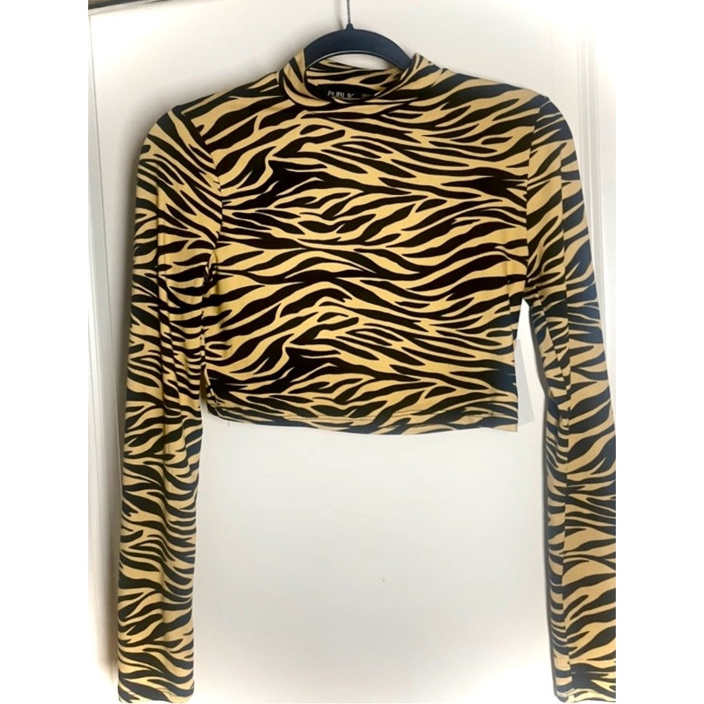 Publik Womens Isla Zebra Print Mock Neck Long Sleeve Crop Top Black Tan Small